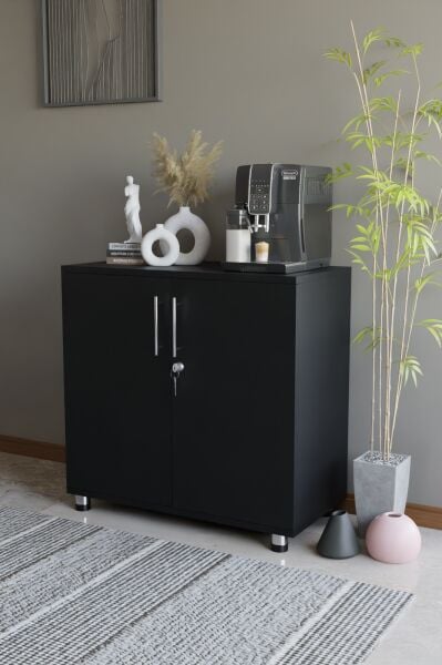 Çok Amaçlı Dolap Kilitli 2 Kapaklı Mutfak Dolabı,Kahve Köşesi Dolabı,Salon,Ofis Dolabı Siyah