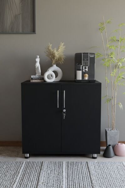 Çok Amaçlı Dolap Kilitli 2 Kapaklı Mutfak Dolabı,Kahve Köşesi Dolabı,Salon,Ofis Dolabı Siyah