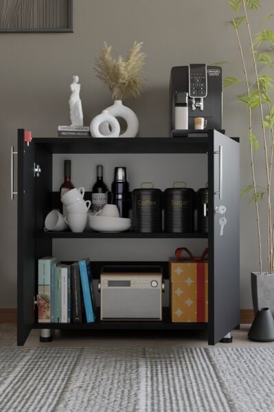 Çok Amaçlı Dolap Kilitli 2 Kapaklı Mutfak Dolabı,Kahve Köşesi Dolabı,Salon,Ofis Dolabı Siyah