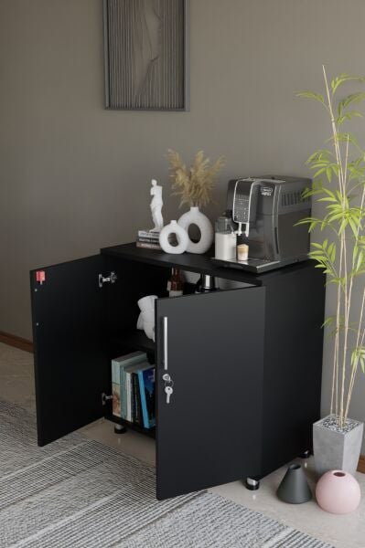 Çok Amaçlı Dolap Kilitli 2 Kapaklı Mutfak Dolabı,Kahve Köşesi Dolabı,Salon,Ofis Dolabı Siyah