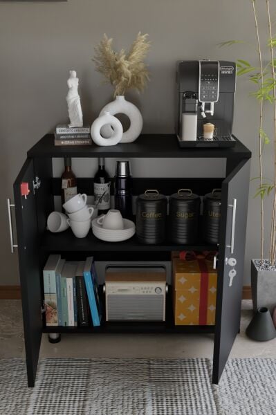 Çok Amaçlı Dolap Kilitli 2 Kapaklı Mutfak Dolabı,Kahve Köşesi Dolabı,Salon,Ofis Dolabı Siyah
